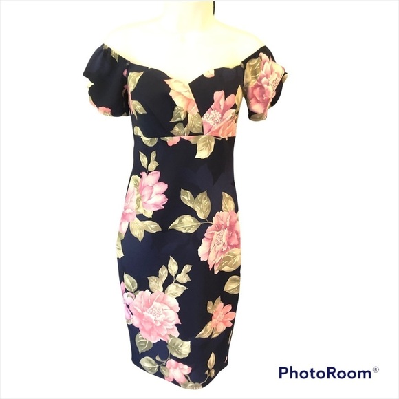 Olive Tree navy blue floral off the shoulder bodcon mini dress size small - Picture 3 of 7